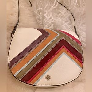 Tory Burch Crossbody Bag White Saffiano Multi-Stripe Chevron with Suede Accents